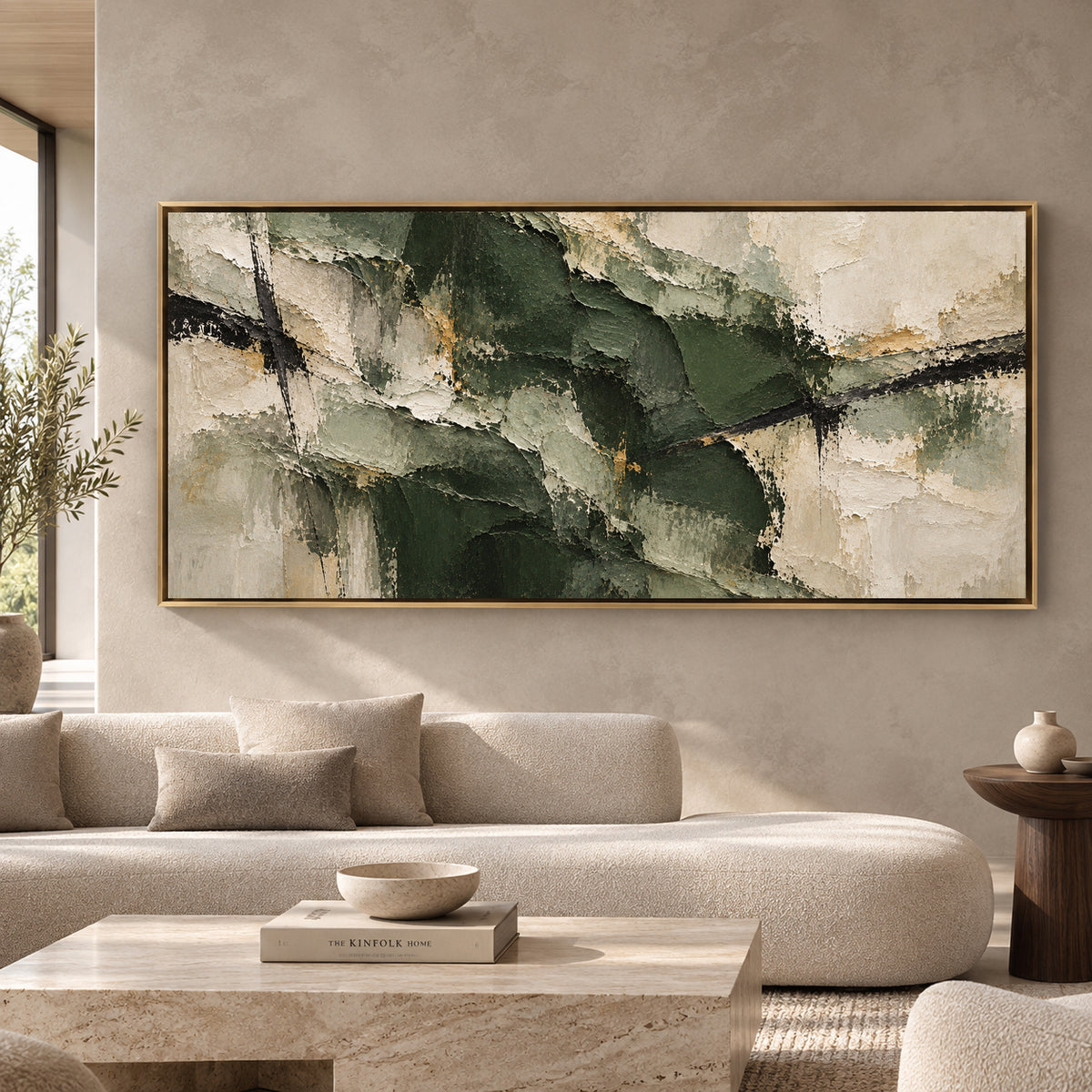 Forest Green and Ivory Textured Abstract Panoramic Canvas Art