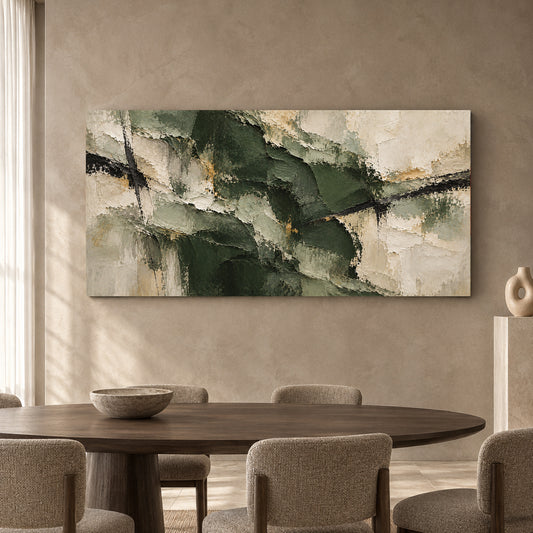 Forest Green and Ivory Textured Abstract Panoramic Canvas Art
