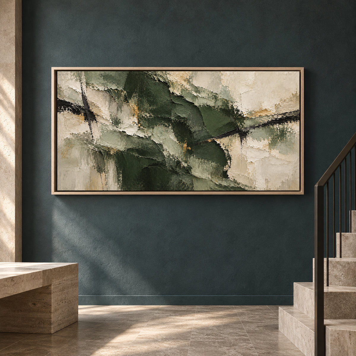 Forest Green and Ivory Textured Abstract Panoramic Canvas Art