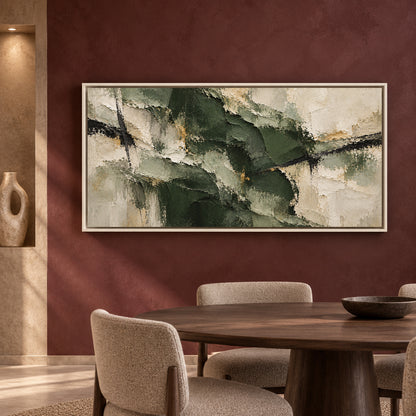 Forest Green and Ivory Textured Abstract Panoramic Canvas Art