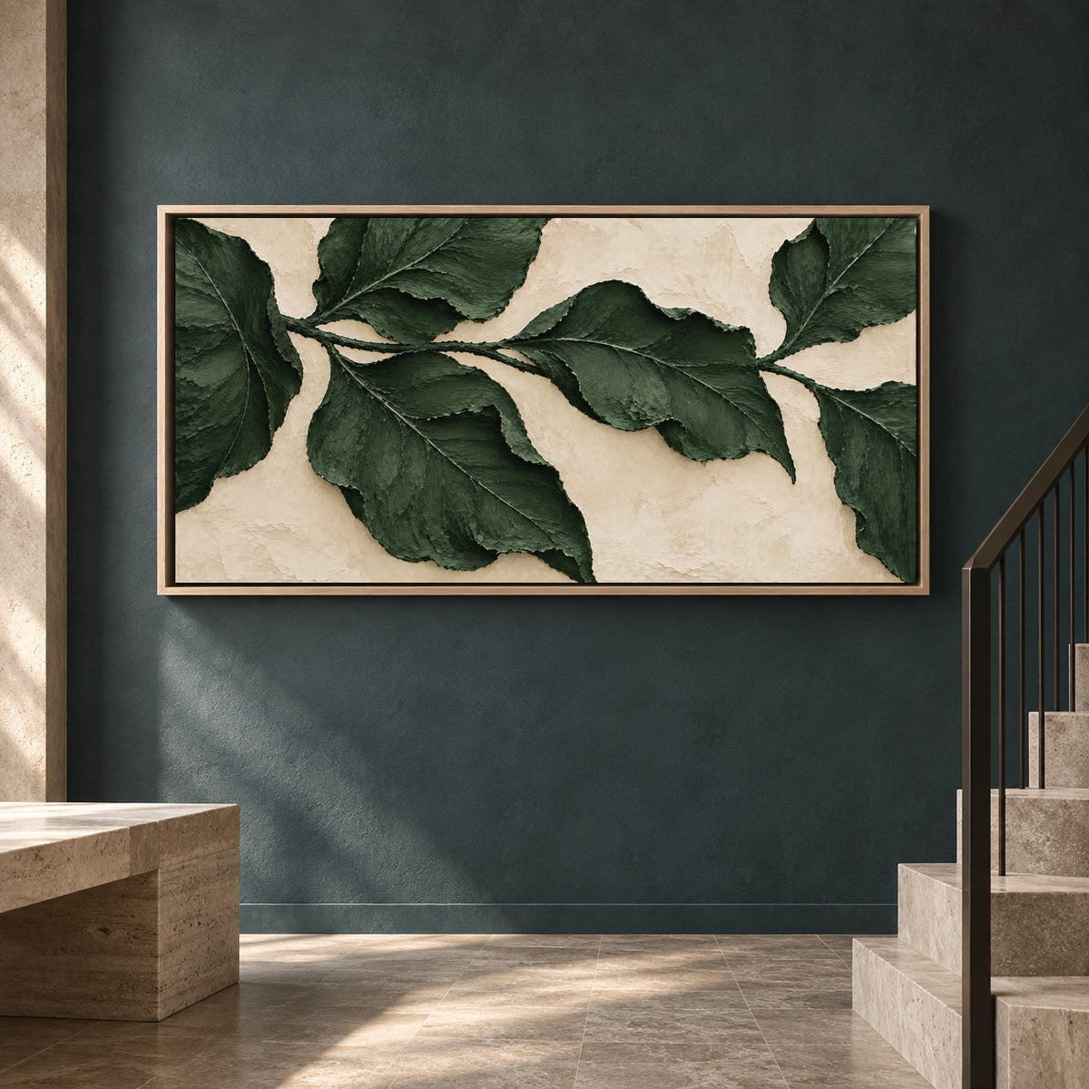 Forest Green Botanical Relief Panoramic Textured Canvas Art