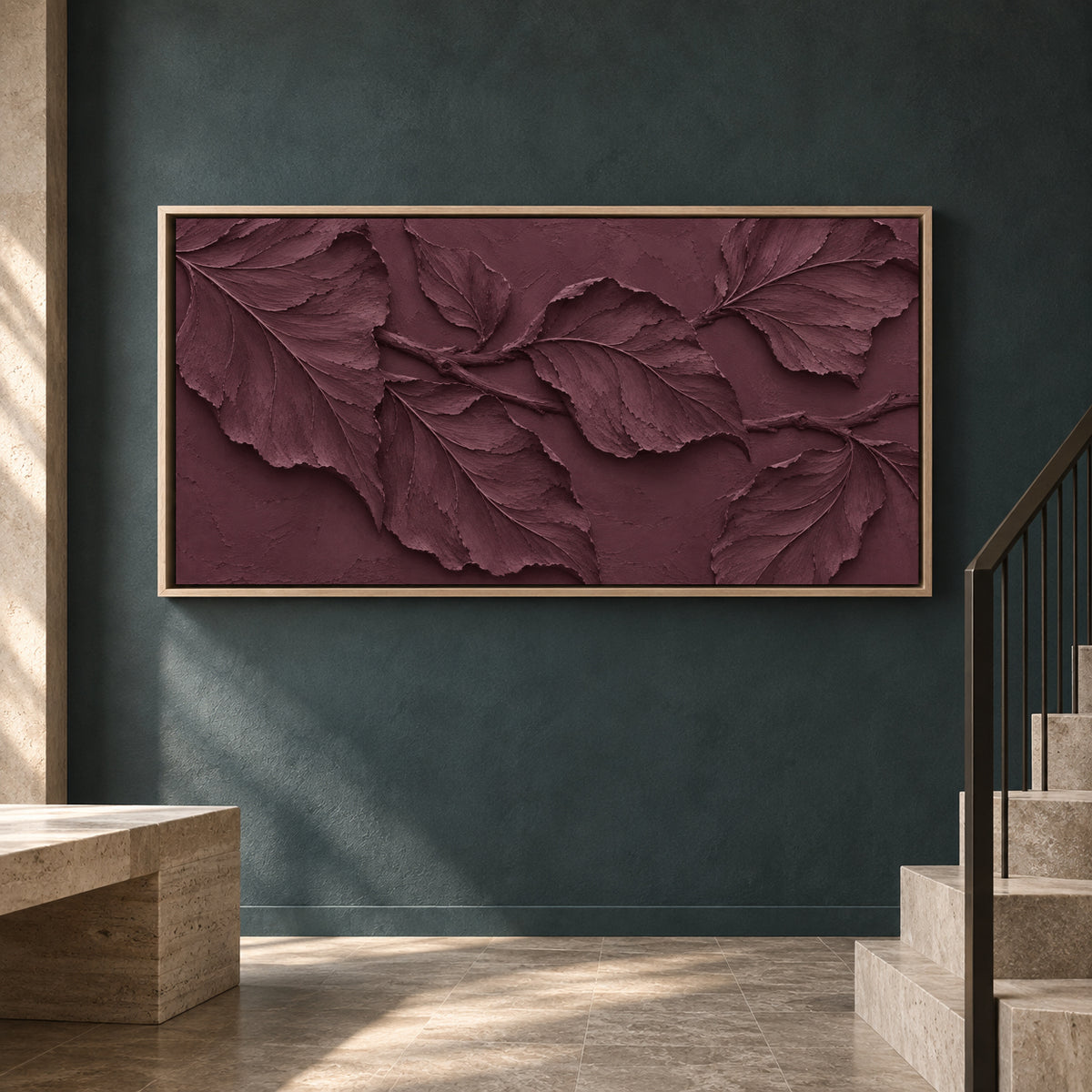 Deep Plum Botanical Relief Panoramic Textured Canvas Art