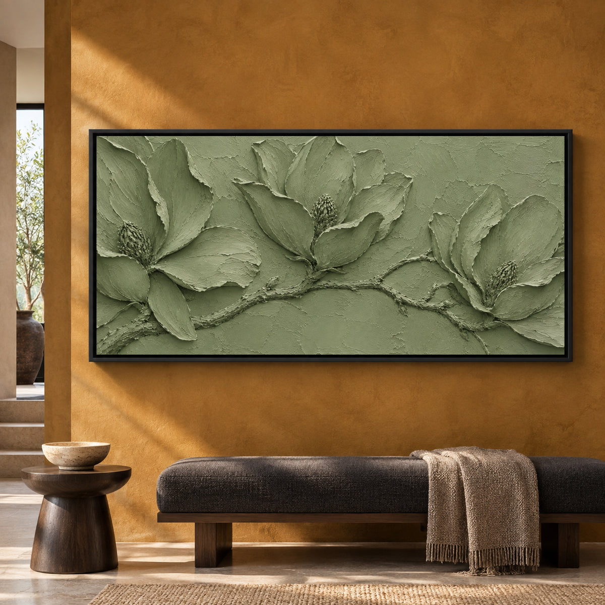 Sage Magnolia Relief Panoramic Textured Botanical Canvas Art