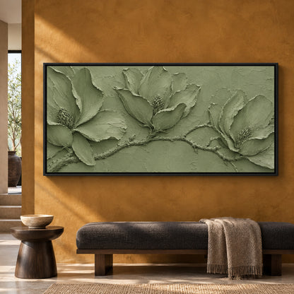 Sage Magnolia Relief Panoramic Textured Botanical Canvas Art