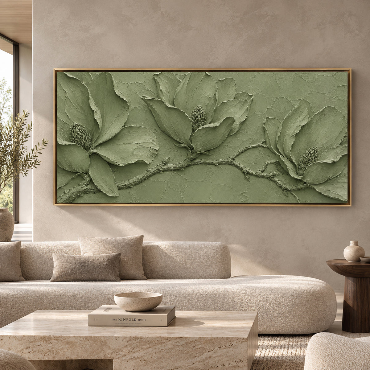 Sage Magnolia Relief Panoramic Textured Botanical Canvas Art