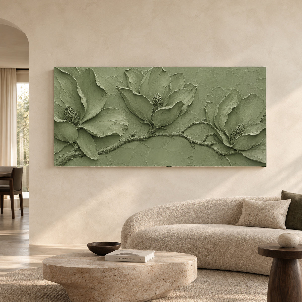 Sage Magnolia Relief Panoramic Textured Botanical Canvas Art