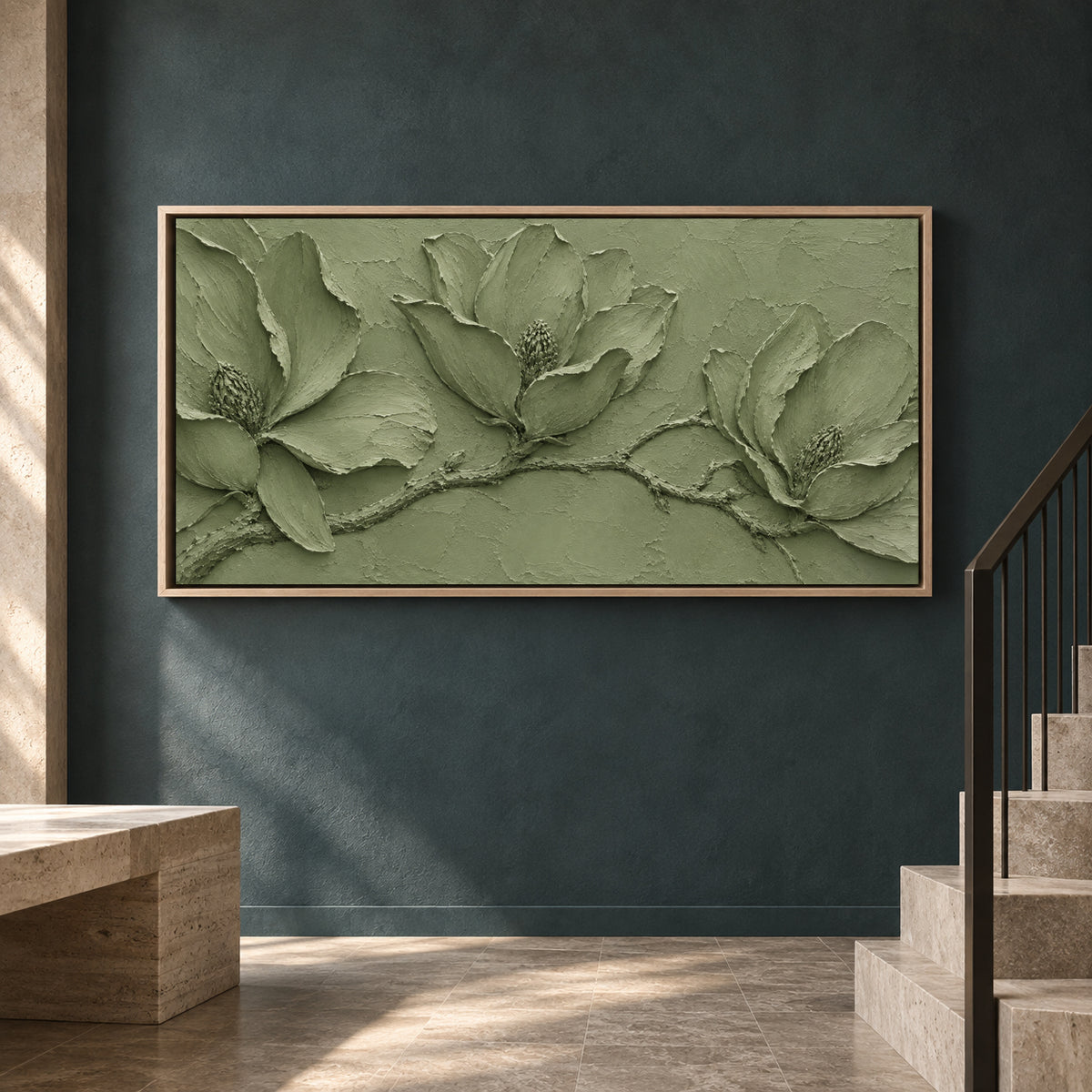 Sage Magnolia Relief Panoramic Textured Botanical Canvas Art