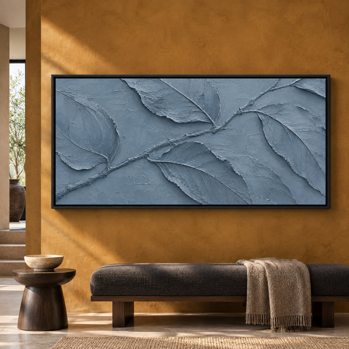 Dusty Blue Botanical Relief Panoramic Textured Canvas Art