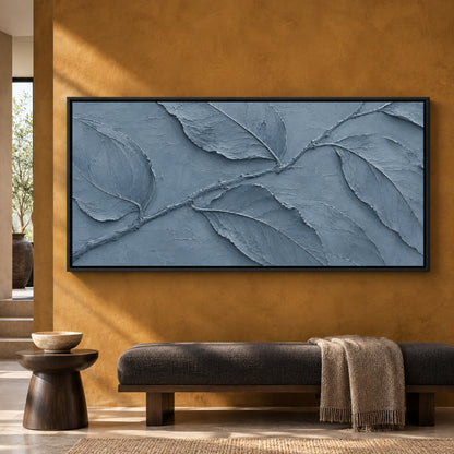 Dusty Blue Botanical Relief Panoramic Textured Canvas Art