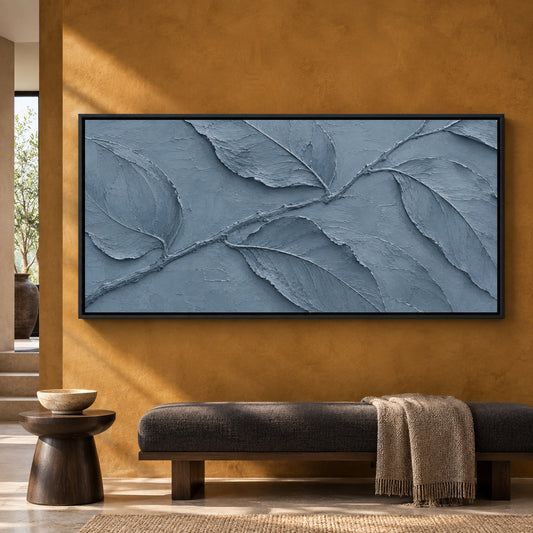 Dusty Blue Botanical Relief Panoramic Textured Canvas Art