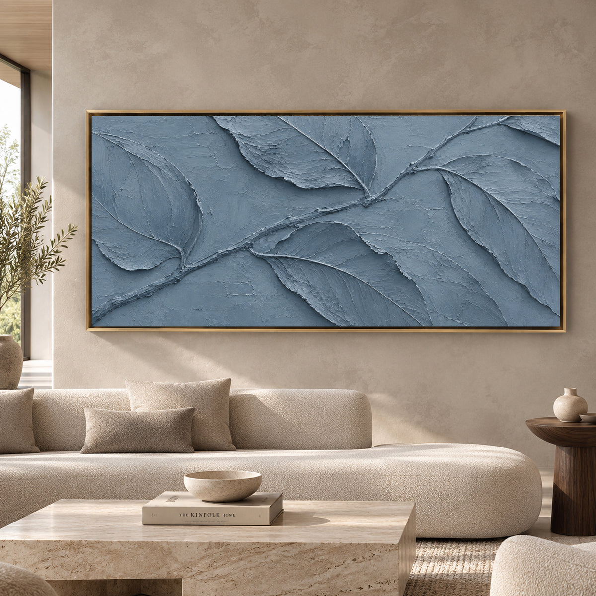 Dusty Blue Botanical Relief Panoramic Textured Canvas Art
