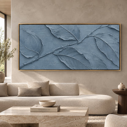Dusty Blue Botanical Relief Panoramic Textured Canvas Art
