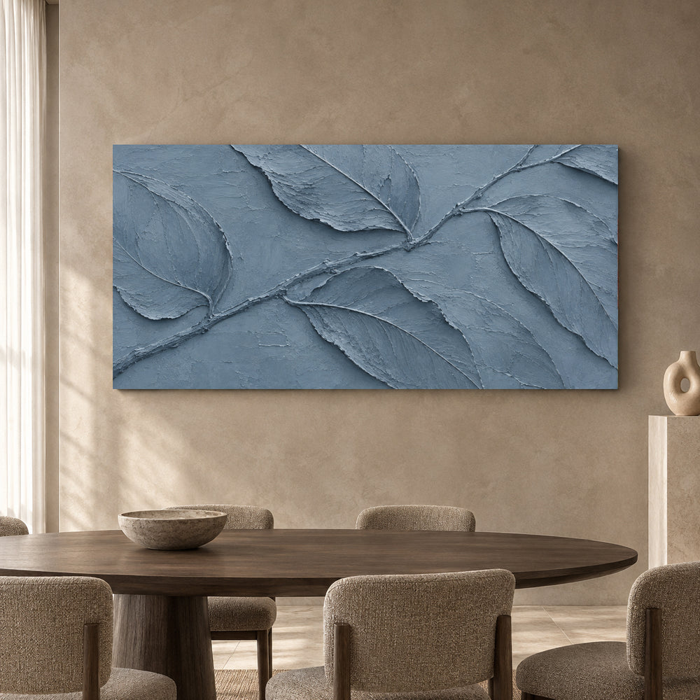 Dusty Blue Botanical Relief Panoramic Textured Canvas Art
