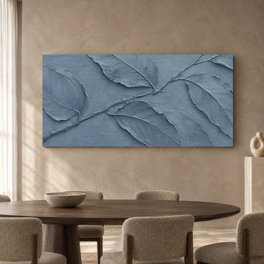 Dusty Blue Botanical Relief Panoramic Textured Canvas Art