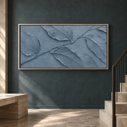 Dusty Blue Botanical Relief Panoramic Textured Canvas Art