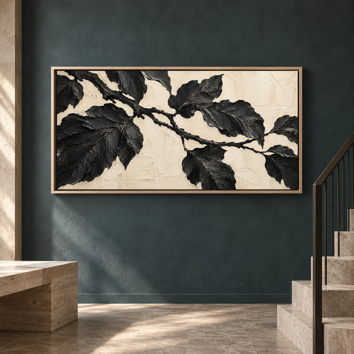 Black Botanical Branch Panoramic Textured Canvas Art