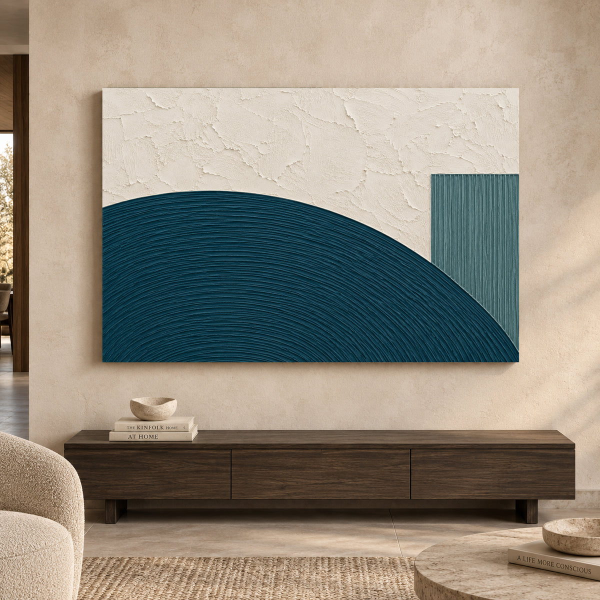 Teal Arch Textured Abstract Canvas Art for Modern Interiors