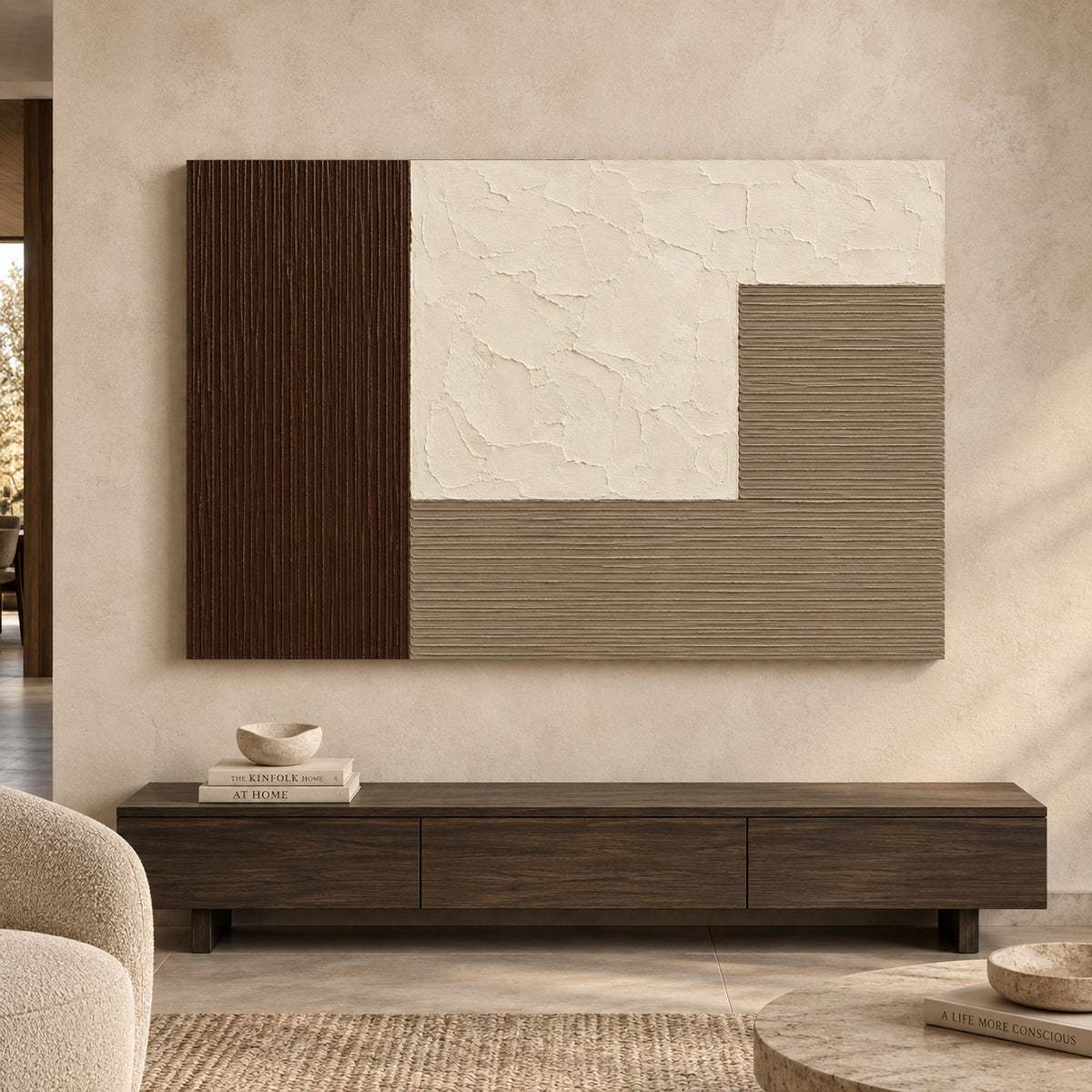 Chocolate Brown Neutral Geometric Textured Canvas Art
