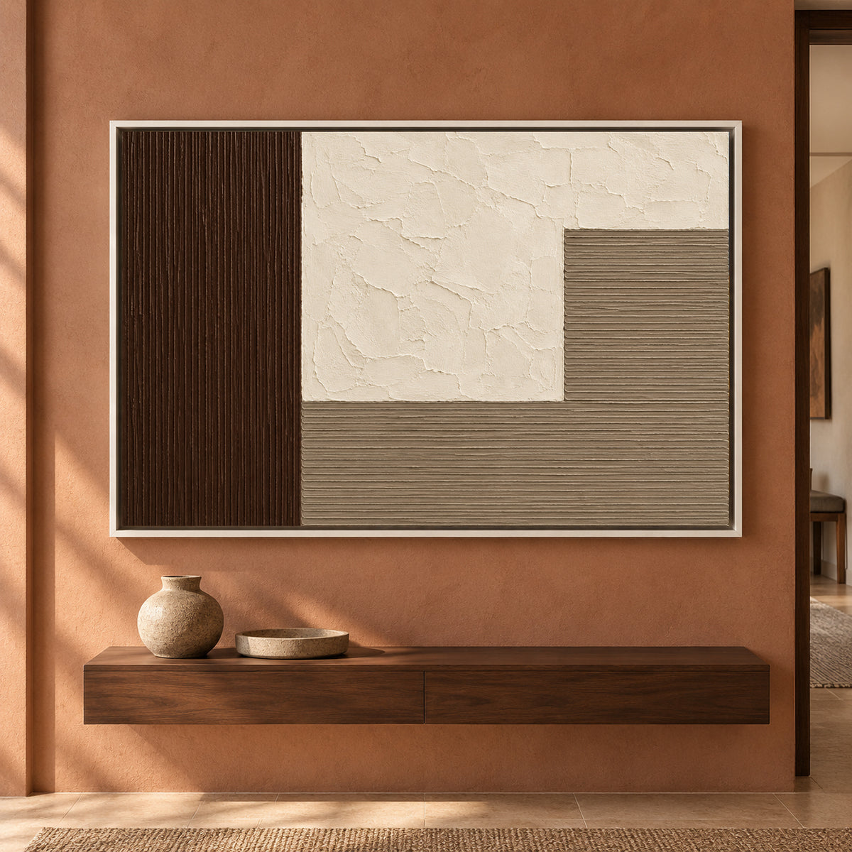 Chocolate Brown Neutral Geometric Textured Canvas Art