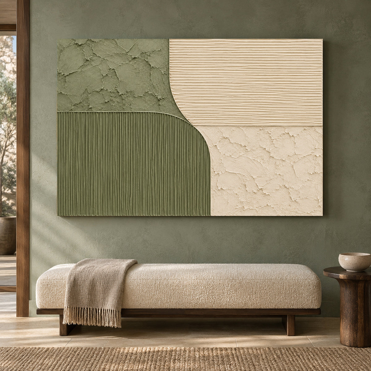 Sage Green Ivory Textured Geometric Modern Canvas Art