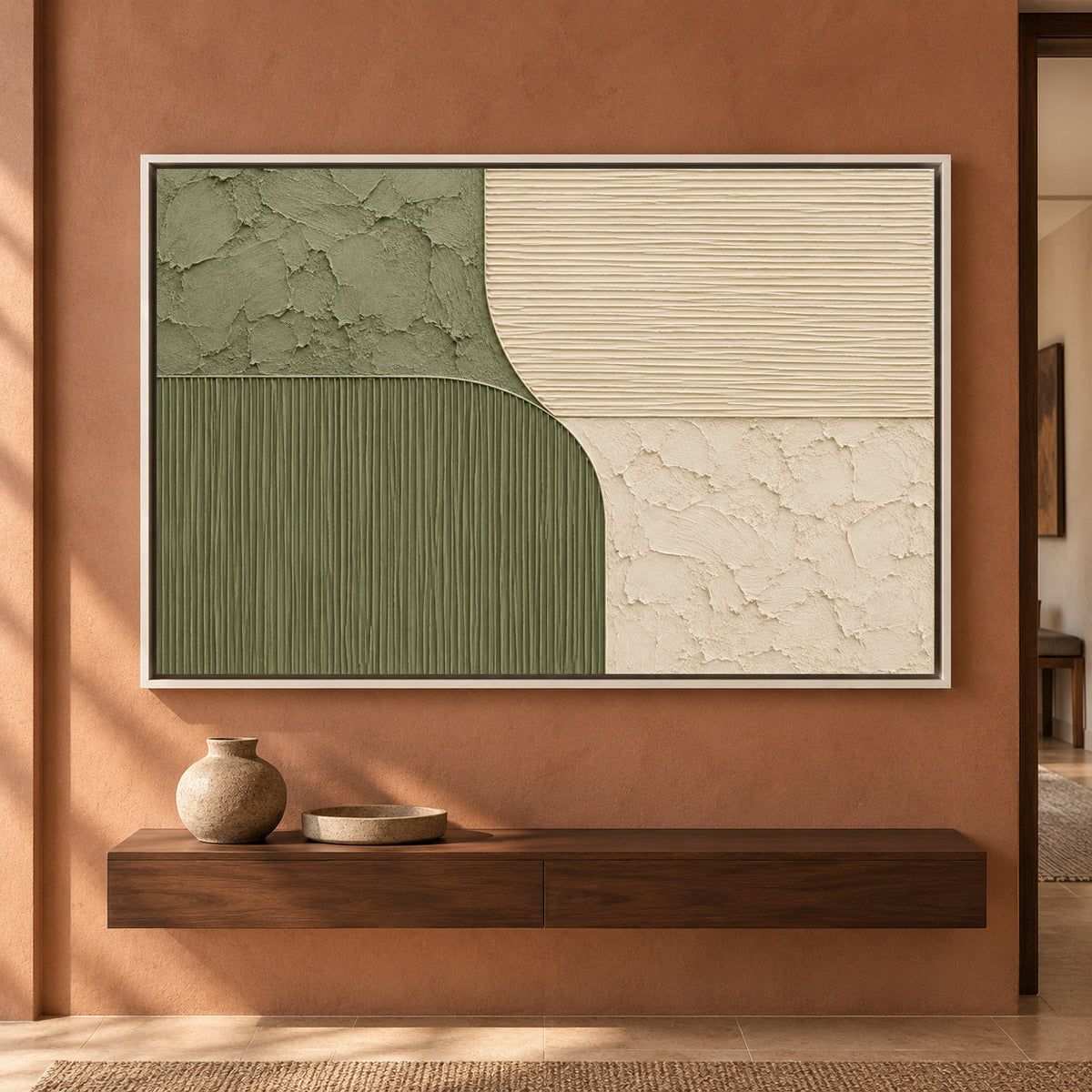 Sage Green Ivory Textured Geometric Modern Canvas Art