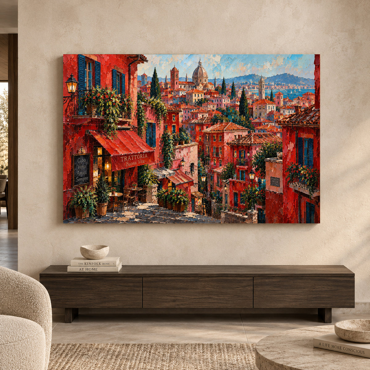 Italian Hillside Cityscape Textured Canvas Art