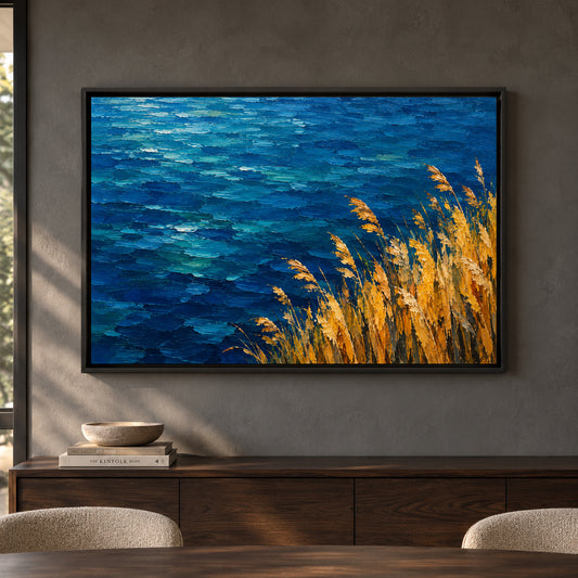 Golden Reeds Over Deep Blue Sea Textured Canvas Art