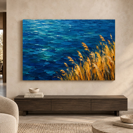 Golden Reeds Over Deep Blue Sea Textured Canvas Art