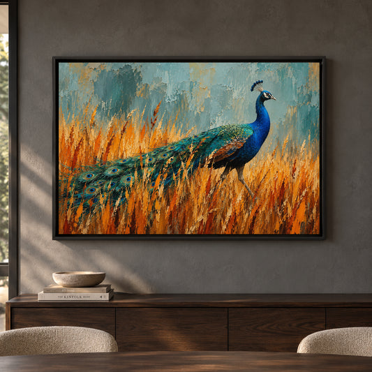 Peacock in Golden Meadow Textured Wildlife Canvas Art
