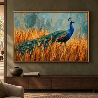 Peacock in Golden Meadow Textured Wildlife Canvas Art