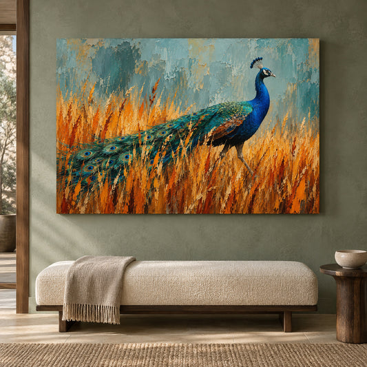 Peacock in Golden Meadow Textured Wildlife Canvas Art