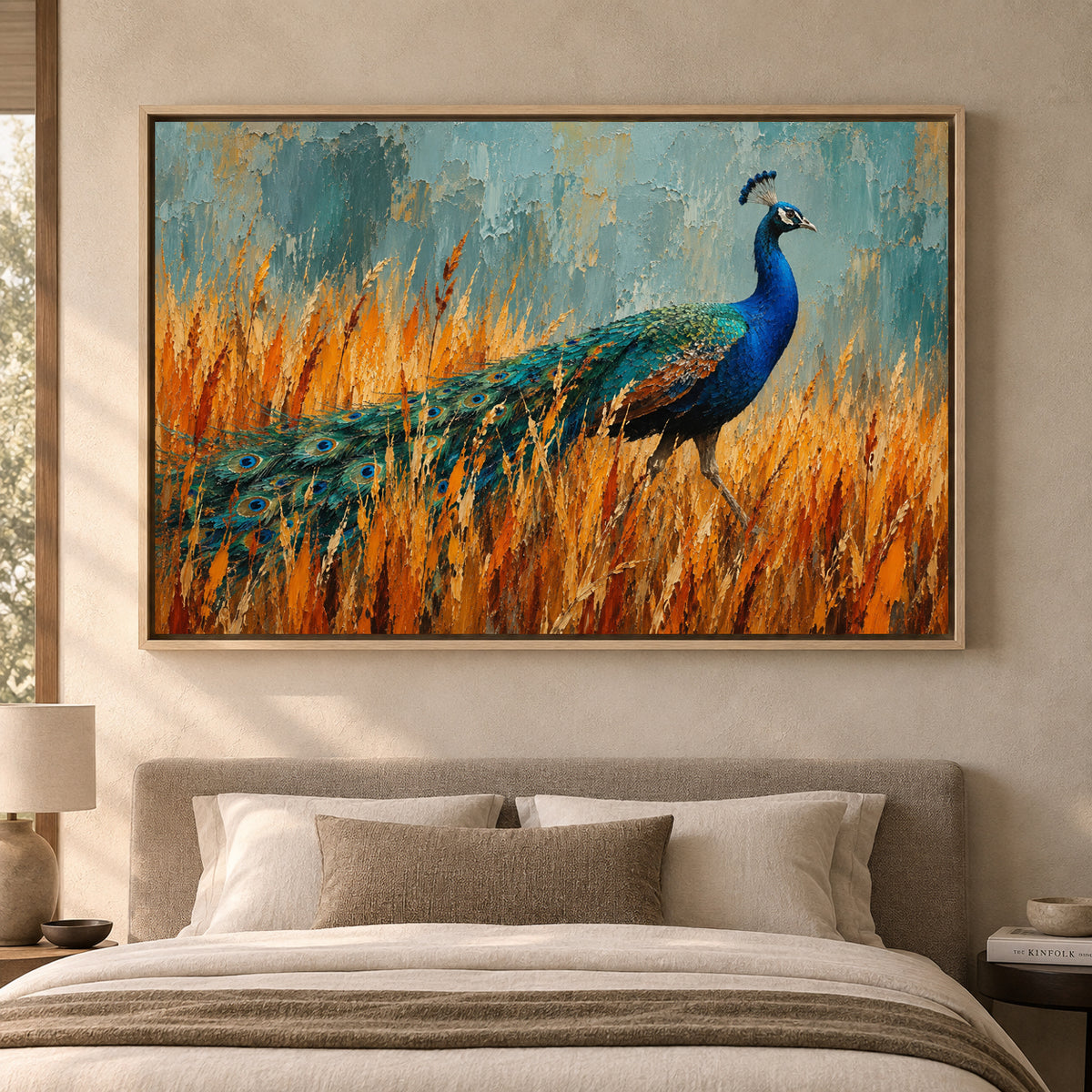 Peacock in Golden Meadow Textured Wildlife Canvas Art