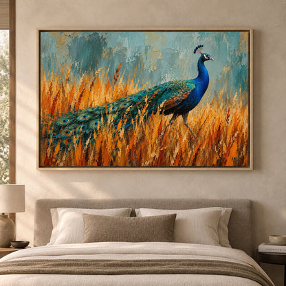 Peacock in Golden Meadow Textured Wildlife Canvas Art