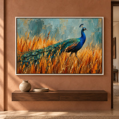 Peacock in Golden Meadow Textured Wildlife Canvas Art