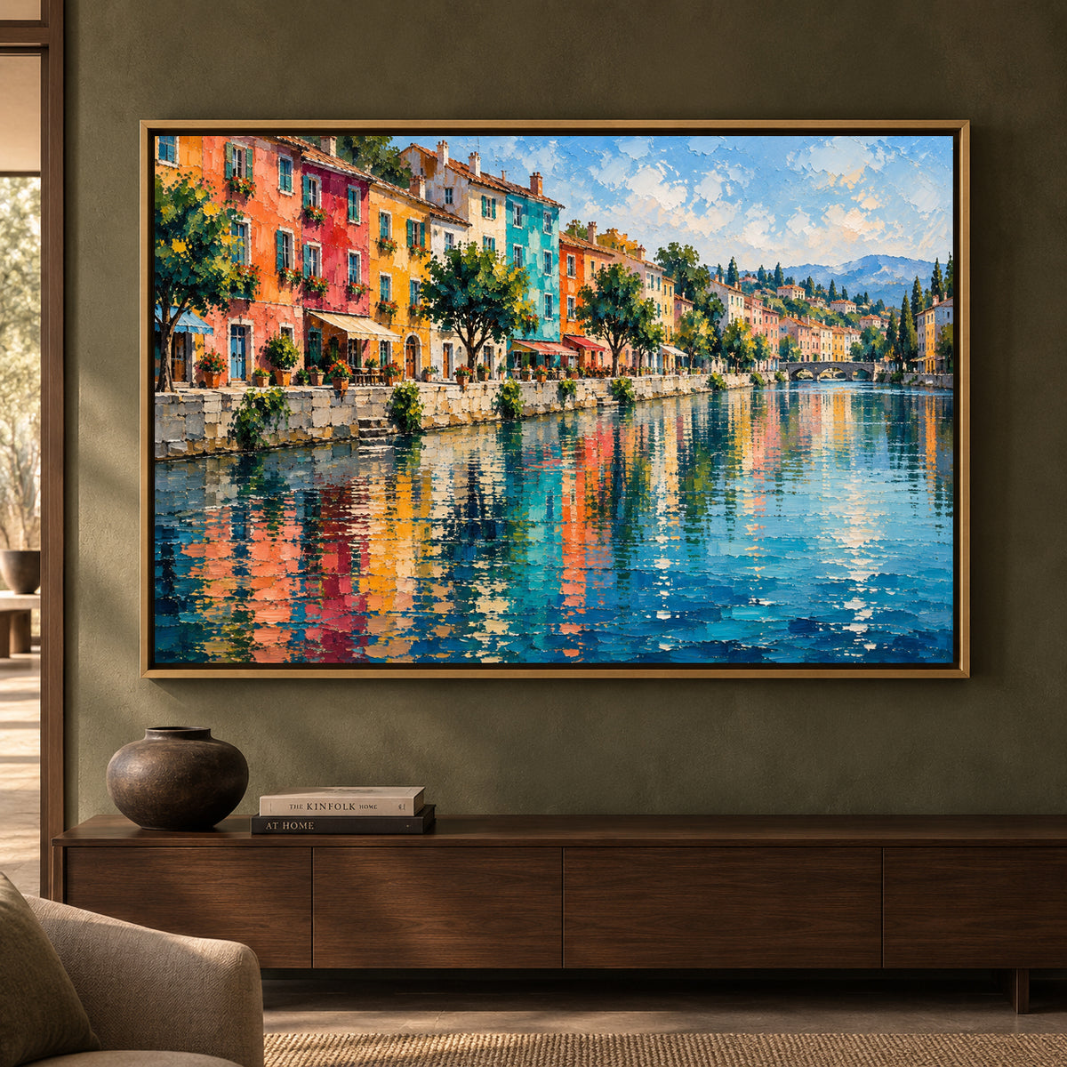 Colorful Riverside Village Textured European Canvas Art