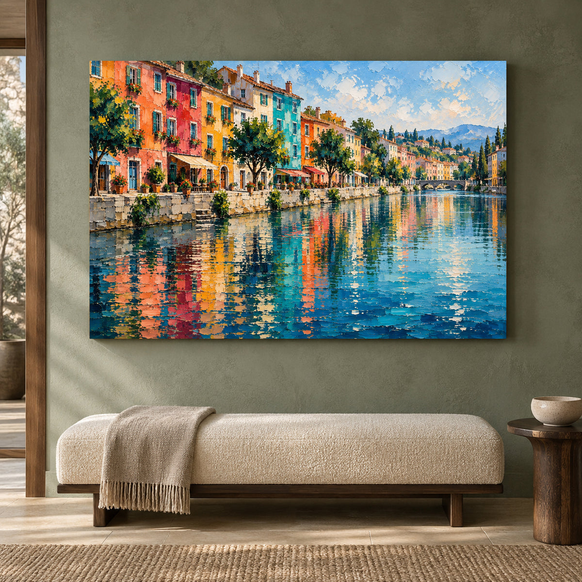 Colorful Riverside Village Textured European Canvas Art