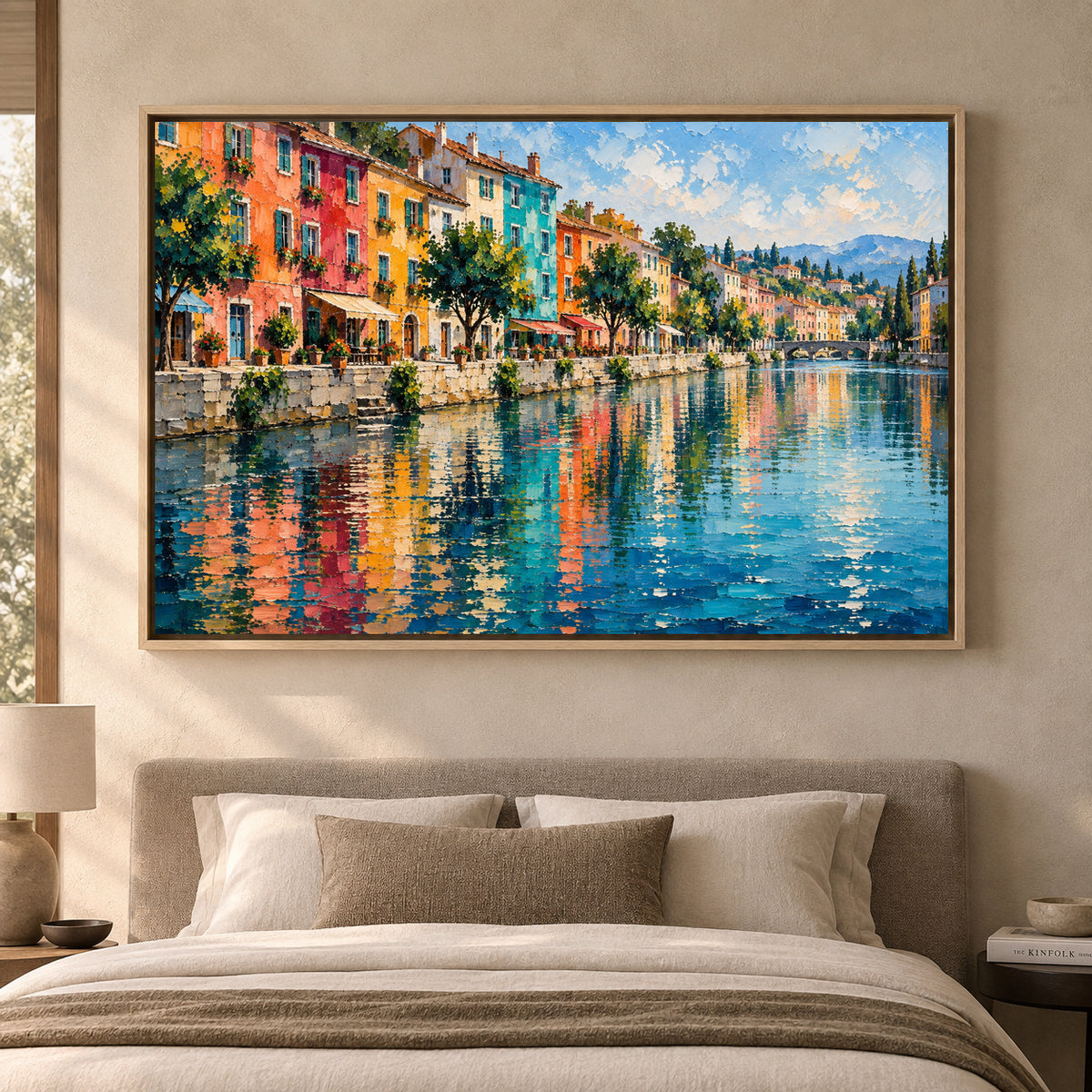 Colorful Riverside Village Textured European Canvas Art