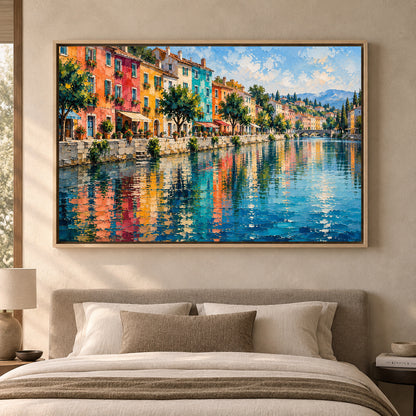 Colorful Riverside Village Textured European Canvas Art