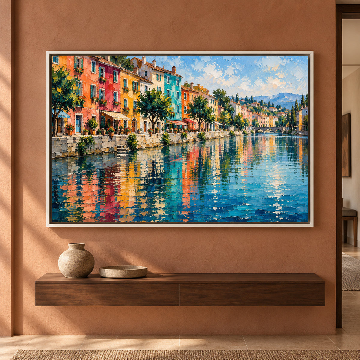 Colorful Riverside Village Textured European Canvas Art