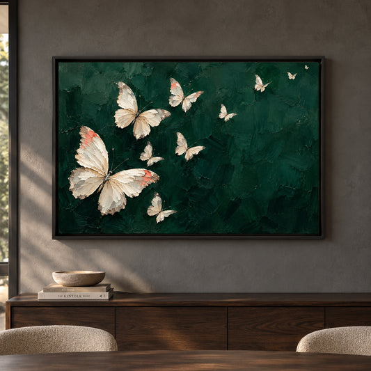 Ivory Butterflies on Emerald Textured Canvas Art