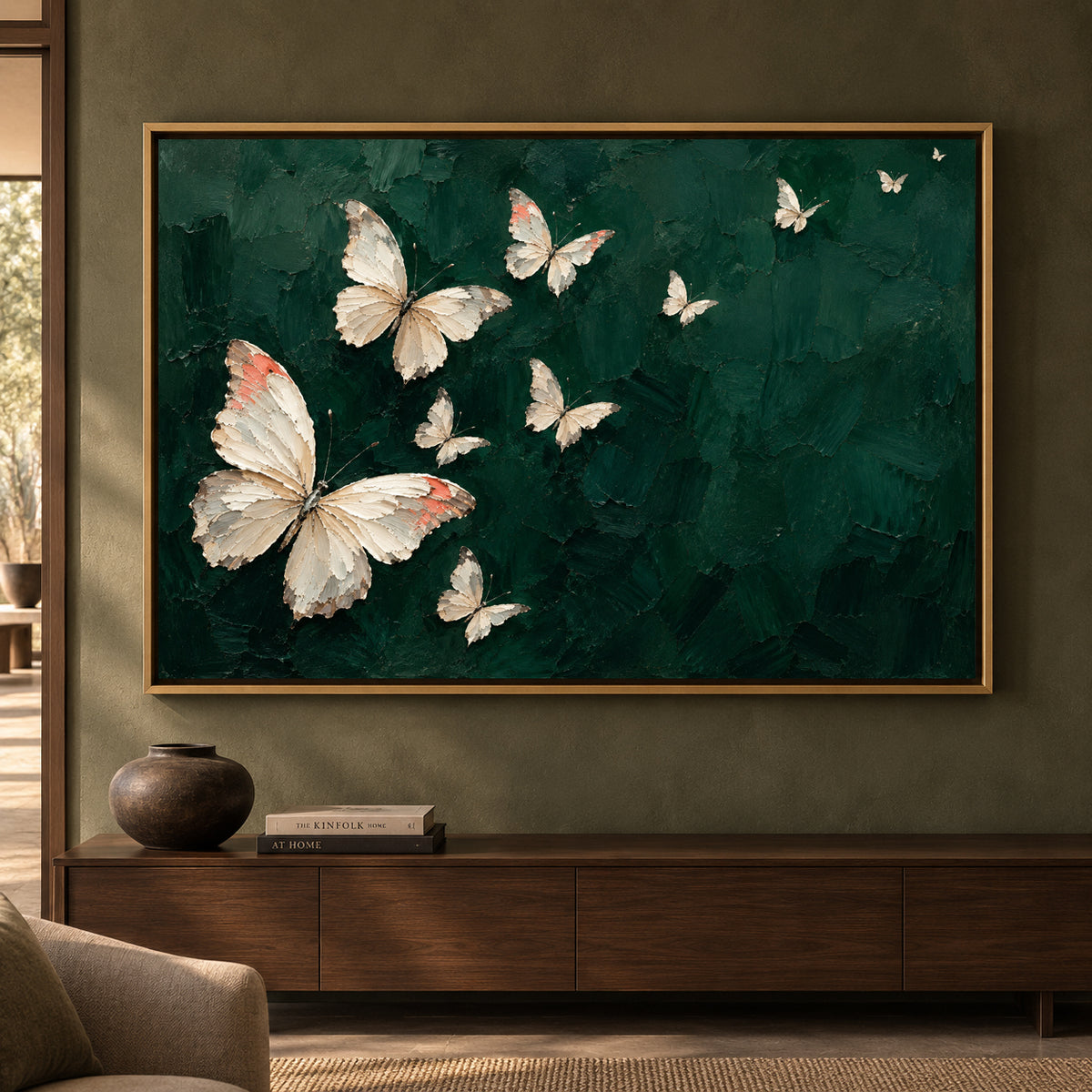 Ivory Butterflies on Emerald Textured Canvas Art