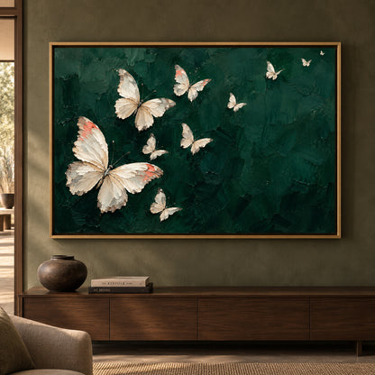 Ivory Butterflies on Emerald Textured Canvas Art