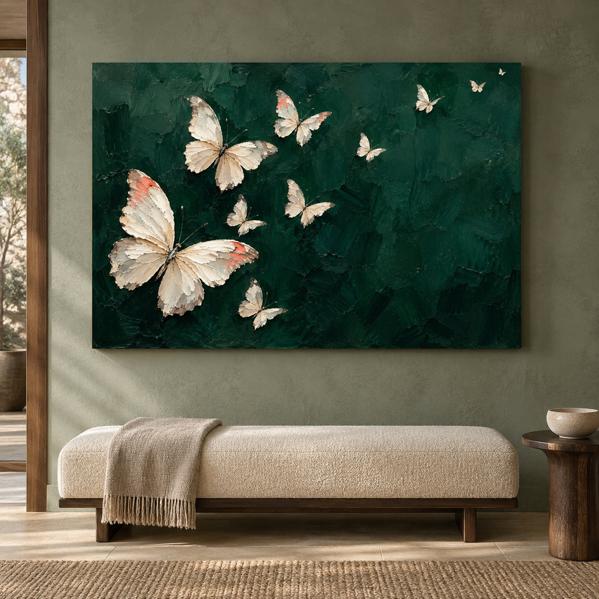 Ivory Butterflies on Emerald Textured Canvas Art