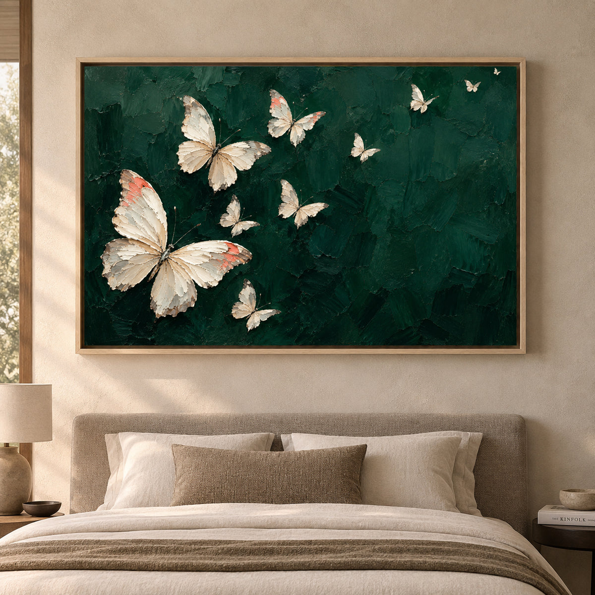 Ivory Butterflies on Emerald Textured Canvas Art