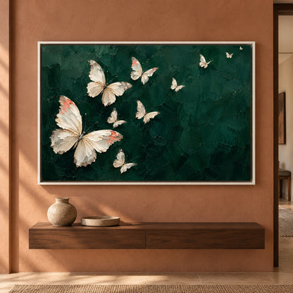 Ivory Butterflies on Emerald Textured Canvas Art