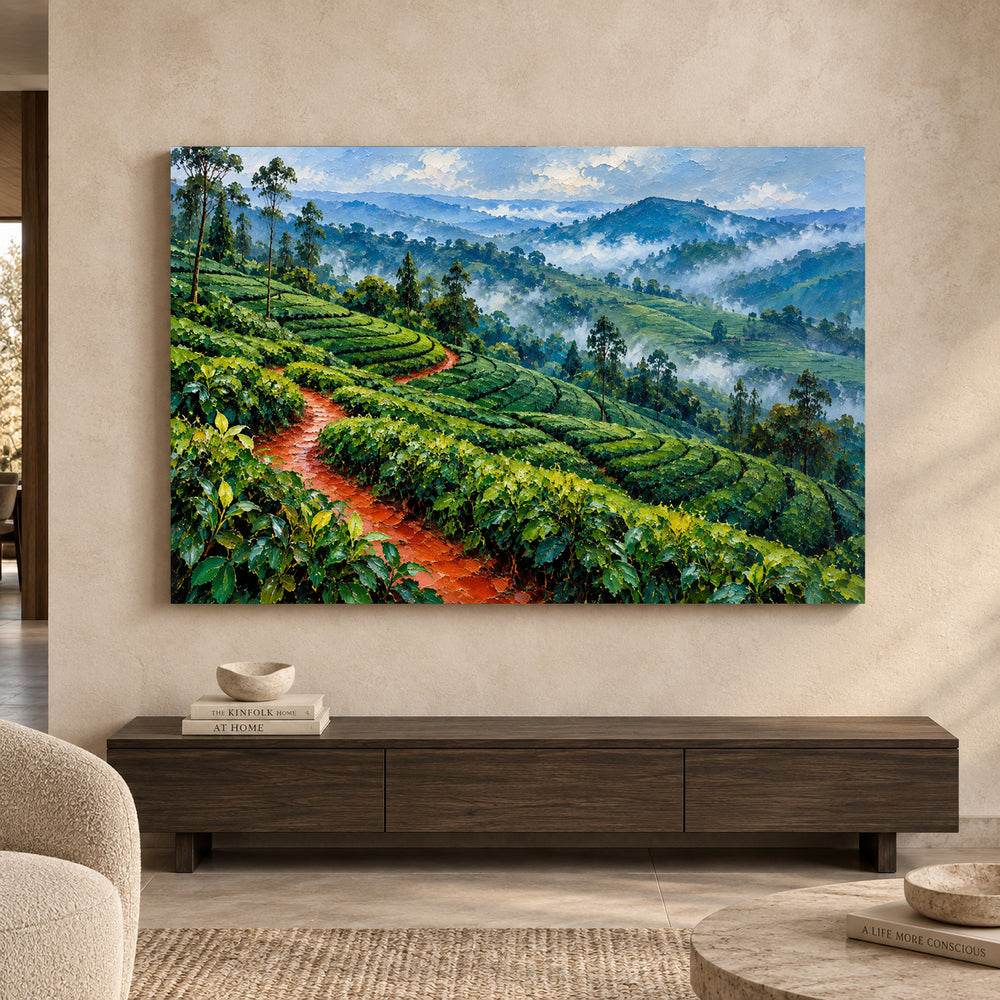 Misty Tea Hills Textured Landscape Canvas Art