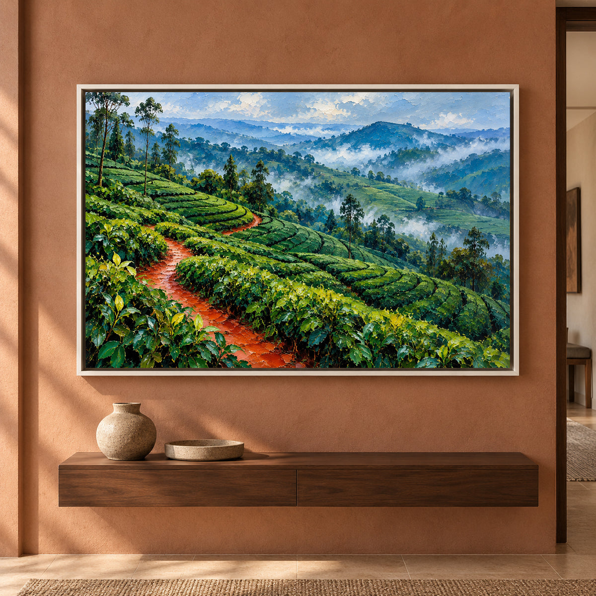 Misty Tea Hills Textured Landscape Canvas Art