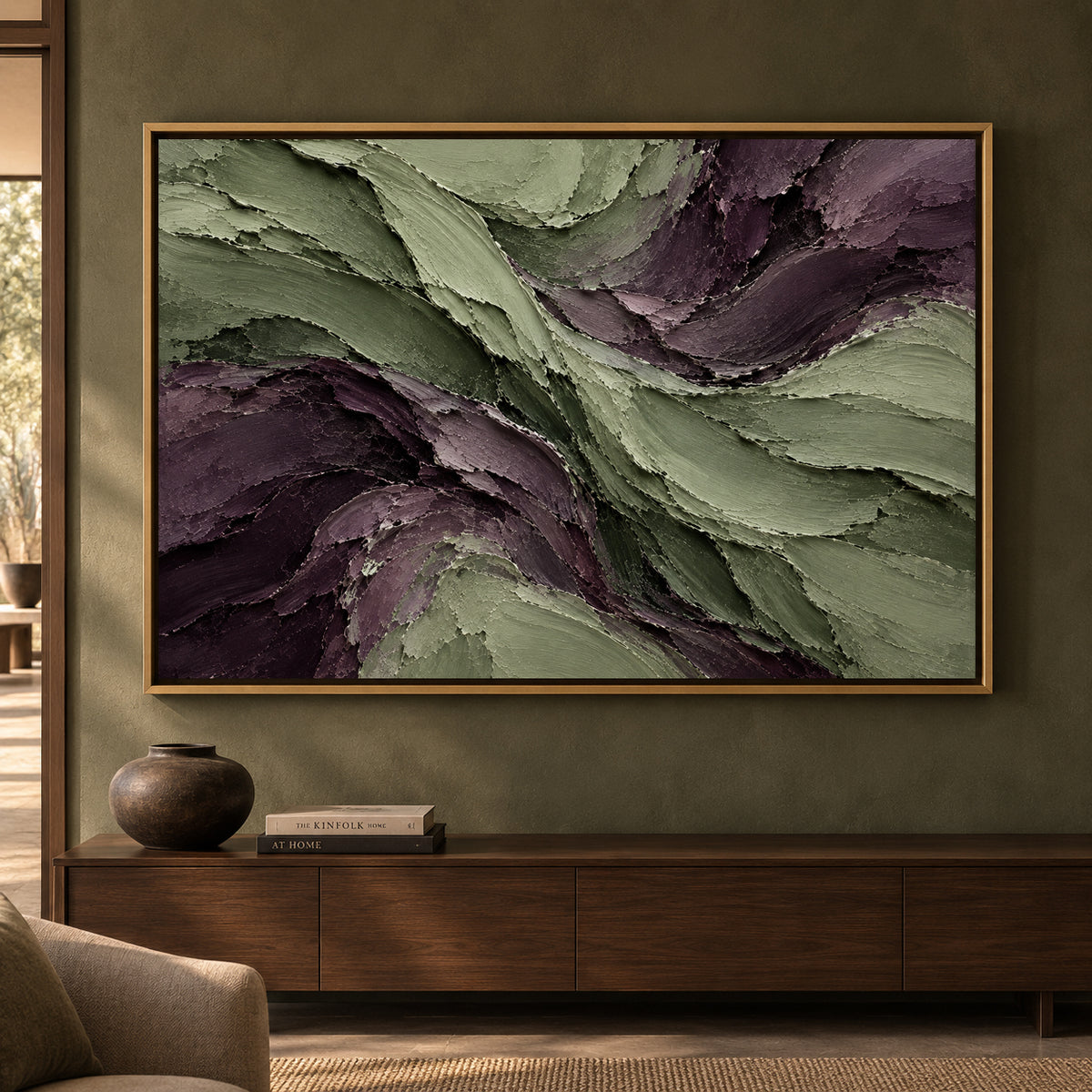 Sage and Plum Sculpted Flow Textured Abstract Canvas Art