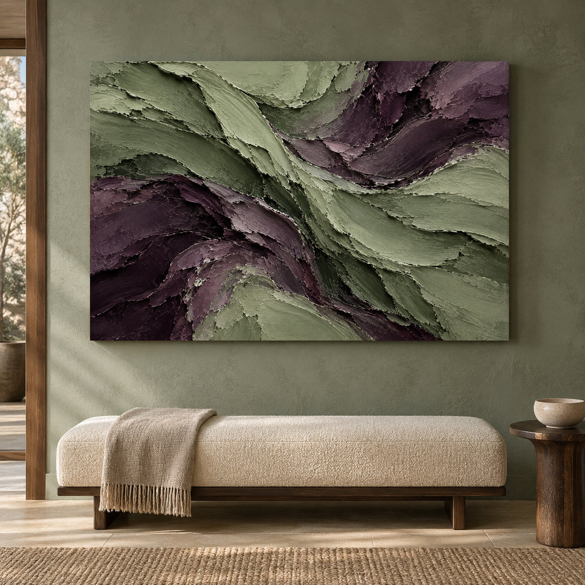 Sage and Plum Sculpted Flow Textured Abstract Canvas Art