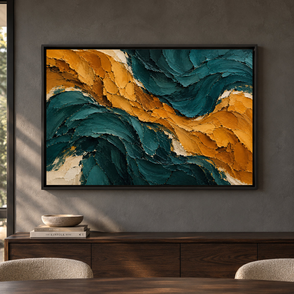 Midnight Teal and Ochre Sculpted Abstract Canvas Art